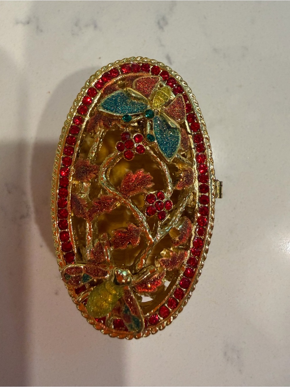 Jewelry box ！Gold-Tone Floral & Bee Oval Trinket Box with Red and Blue Accents